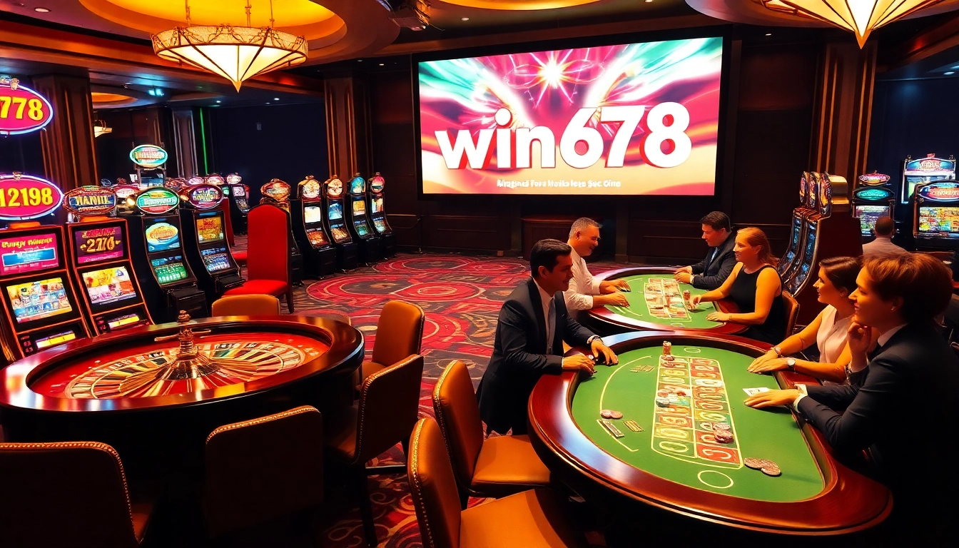 Experience the excitement of win678 with players enjoying roulette and poker amidst a luxury casino atmosphere.