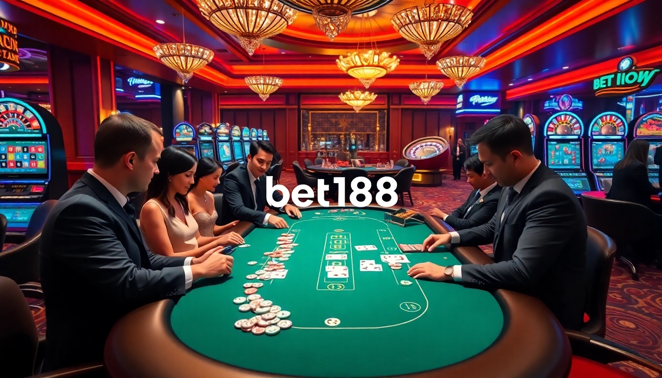 Gamblers engaging intensely at bet168's luxurious casino tables, surrounded by vibrant gaming machines.