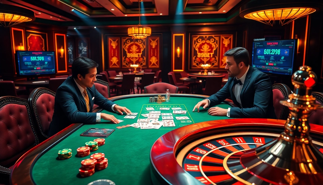 Experience the thrill of 89bet in a luxurious casino setting with vibrant gaming tables and poker action.