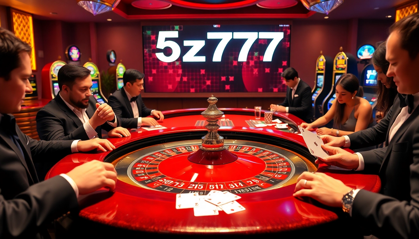 Experience the thrill of 5z777 at an elegant casino with roulette and vibrant slot machines.
