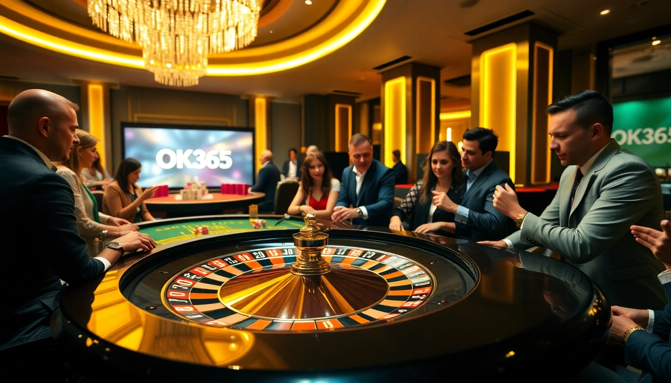 Players enjoying a thrilling game at OK365 casino with vibrant roulette and poker tables.