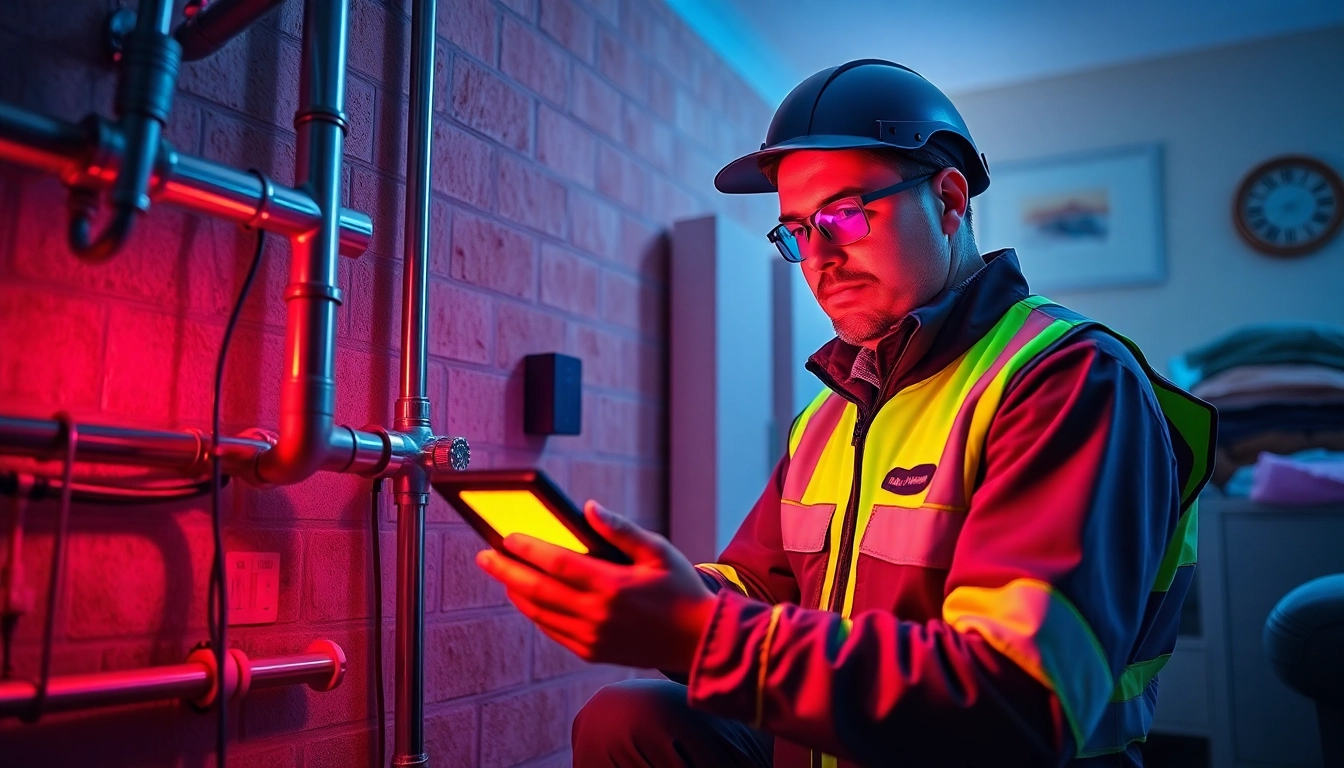 Water leak detection technician using advanced technology in a home setting