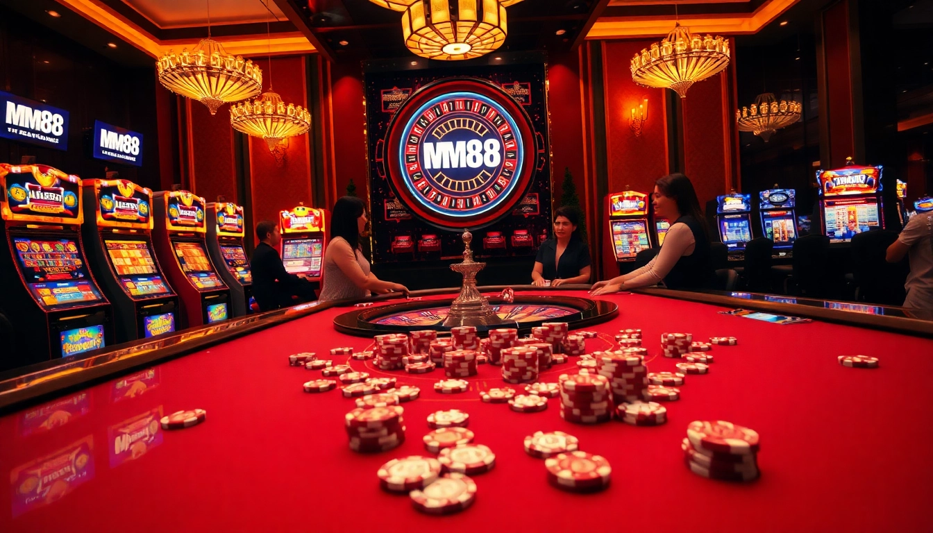 Exciting gambling scene at MM88 casino featuring luxurious tables and vibrant slot machines.