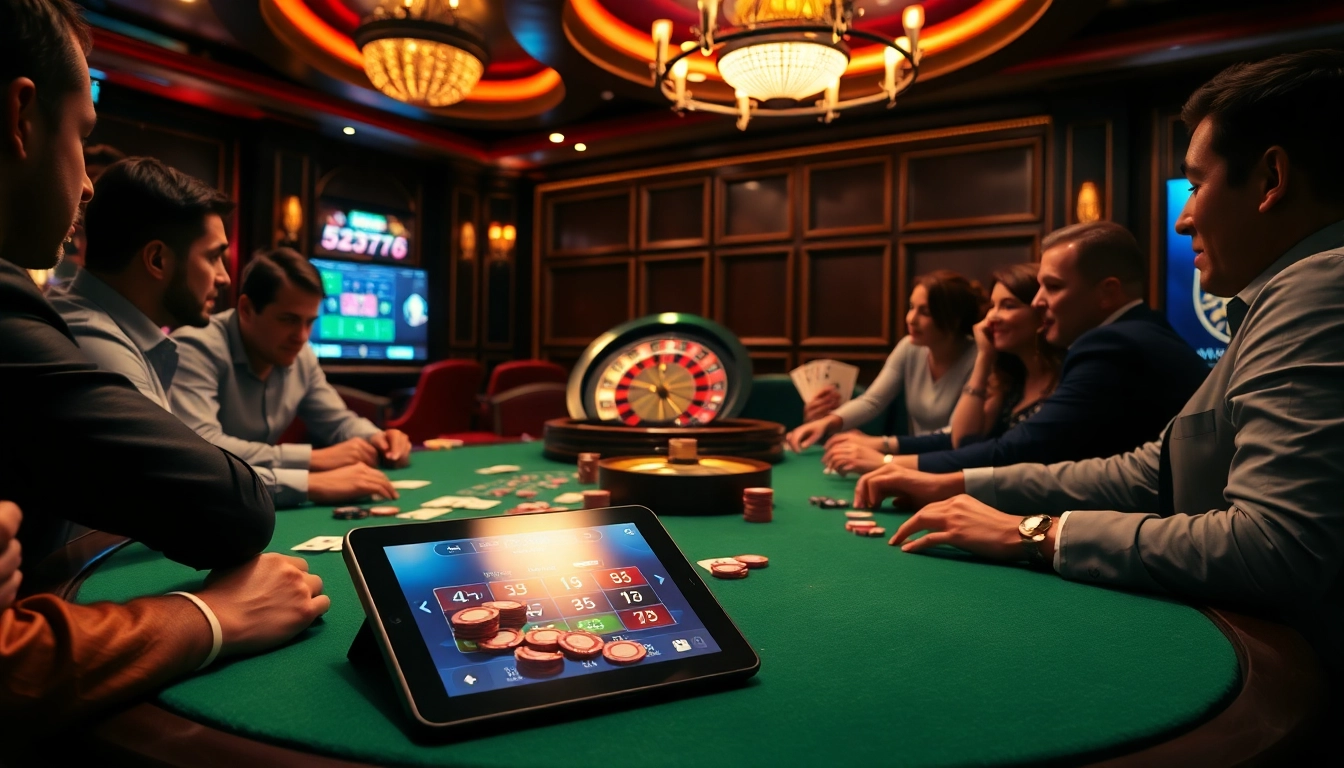 Join the excitement at https://www.5z7776.com/ with players at a poker table showcasing vibrant chips and cards.