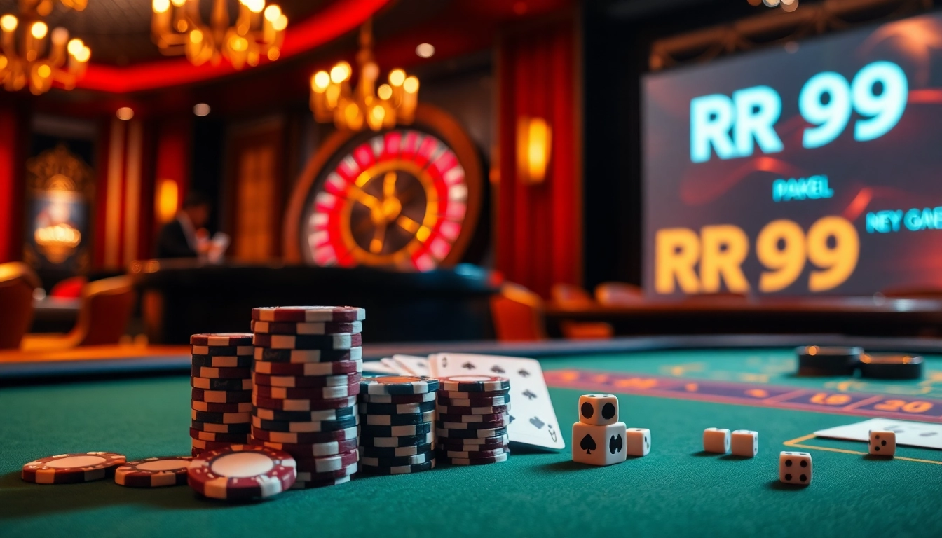 Play poker with excitement at the RR99 table amidst a luxurious casino atmosphere.