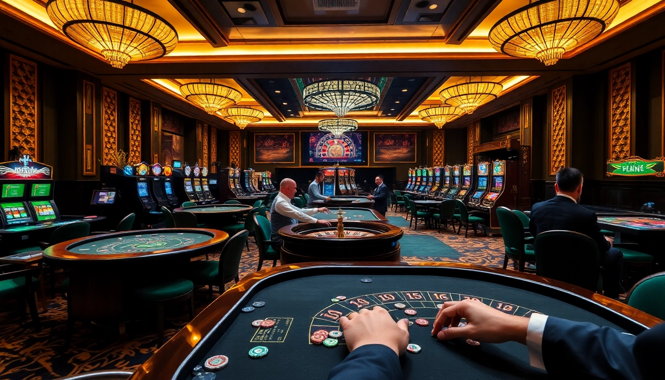 Players winning big at 123win's luxurious casino tables with vibrant slot machines.