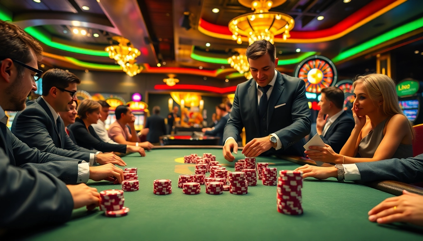 A player bets with lc88 poker chips at a luxurious casino poker table surrounded by excitement.