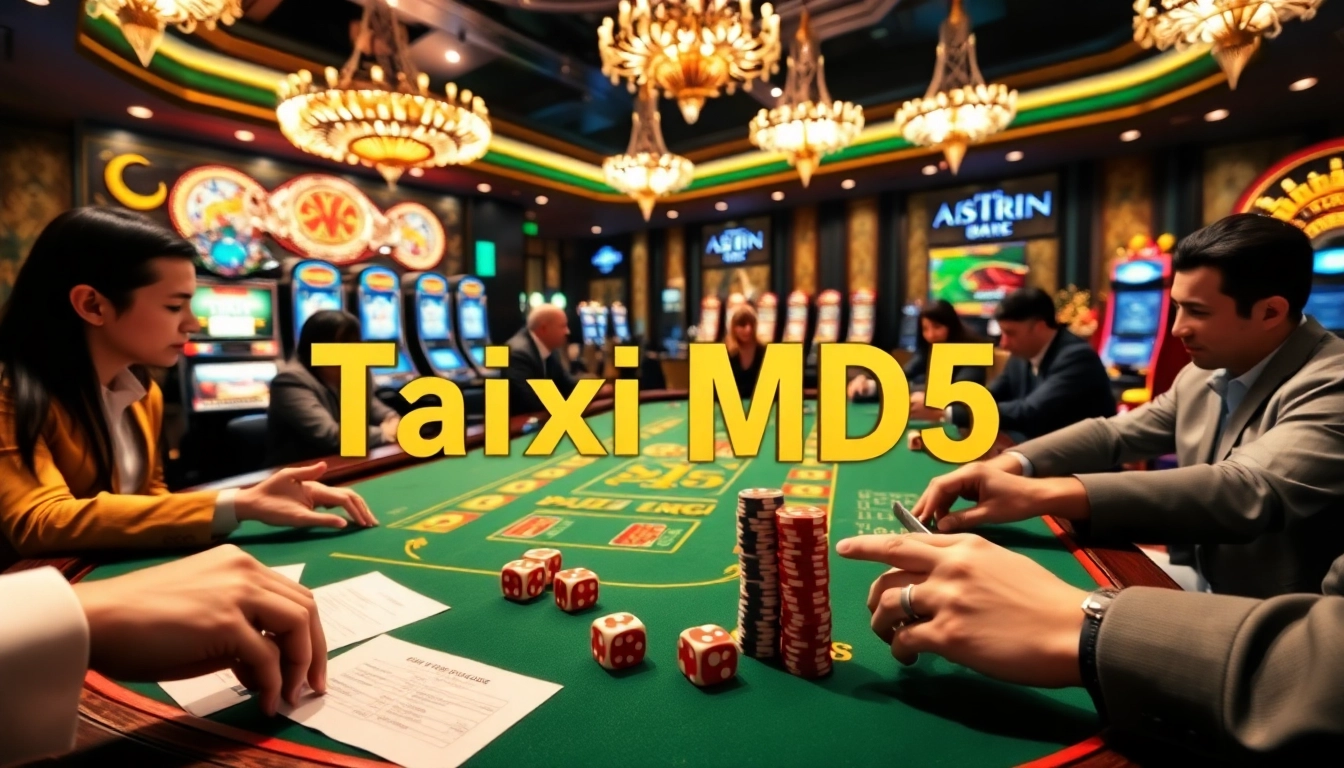 Players strategizing their bets at a Taixiu MD5 table in a vibrant casino setting.
