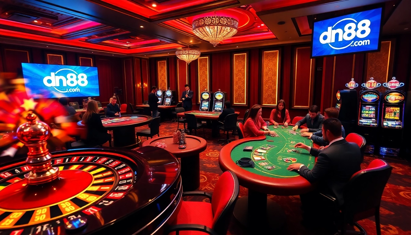 Experience the thrilling gaming atmosphere at dn88.com with vibrant casino tables and excited players.