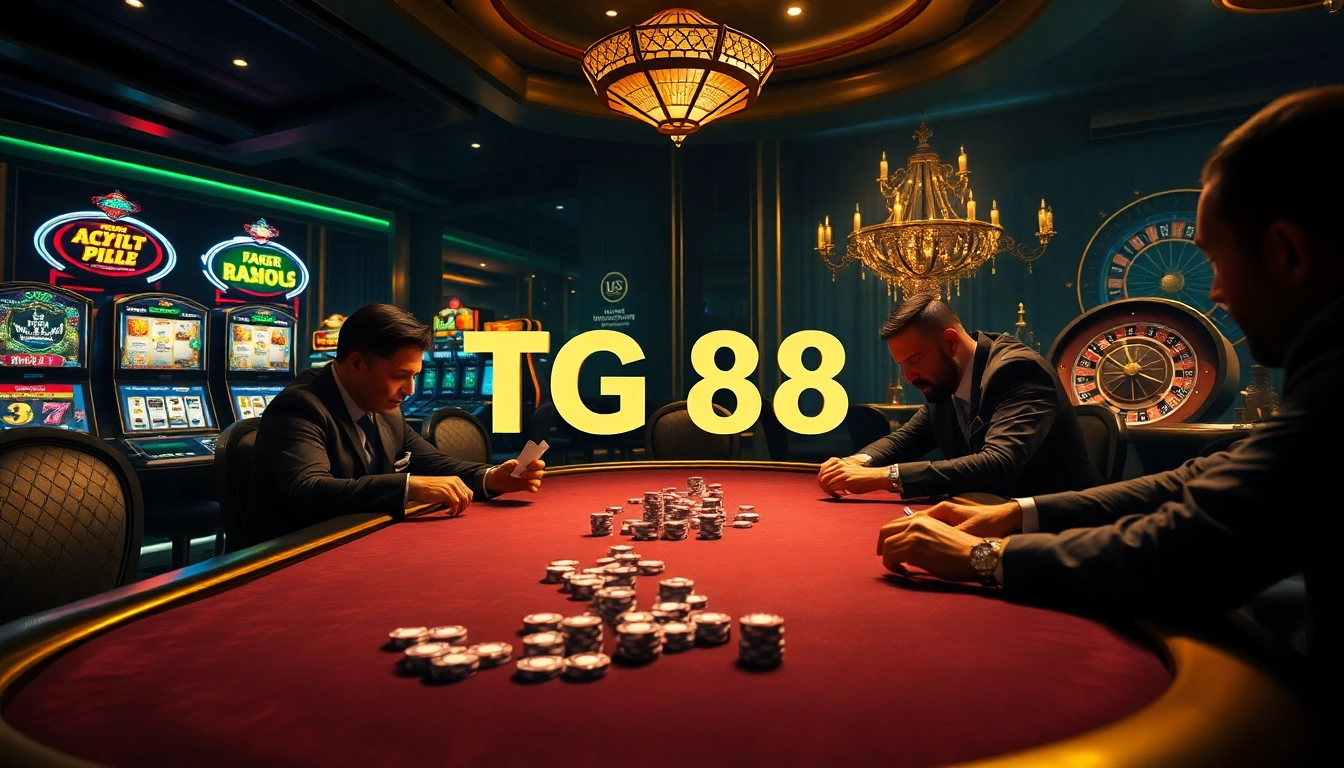 Players strategizing at a high-stakes poker table in a luxurious casino atmosphere, highlighting TG 88 excitement.