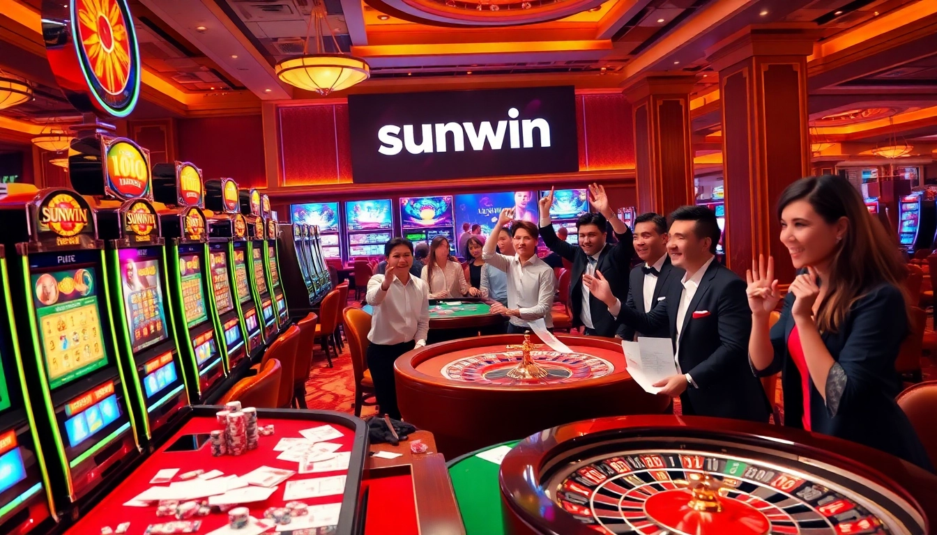 Sunwin casino scene with excited gamblers celebrating wins at vibrant slot machines and elegant tables.