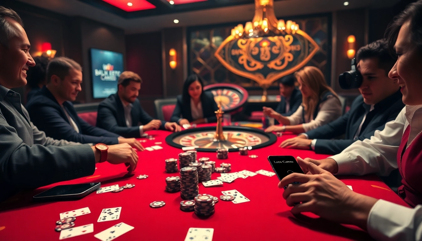 Players enjoying poker at a luxurious table with chips and a smartphone interface at https://kjc.coach/ for an enhanced gaming experience.