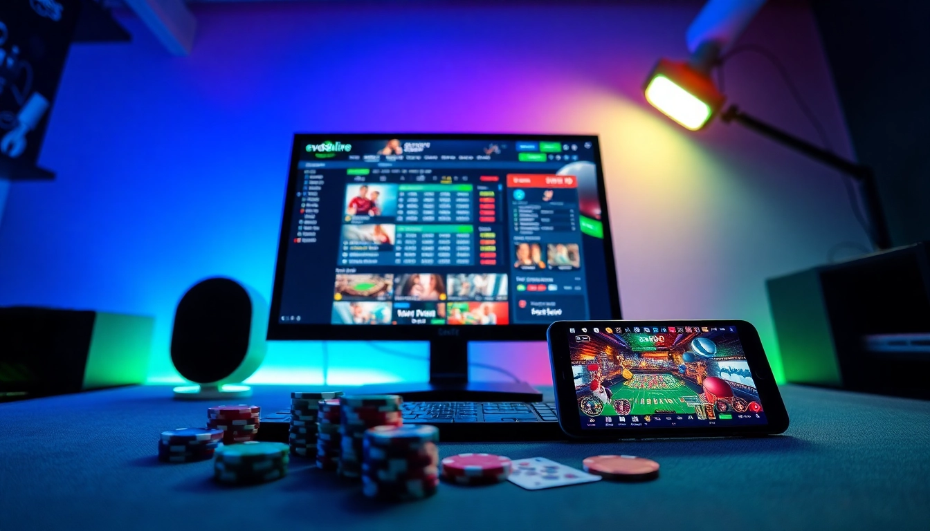 Experience the excitement of online gaming at ev88win.live with a modern betting setup featuring cards and chips.