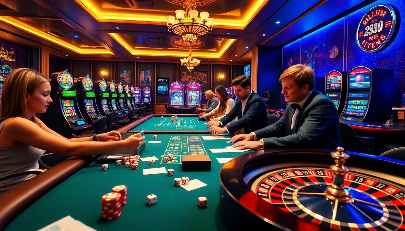 Experience excitement at 222BD with luxurious casino tables and vibrant gaming elements.