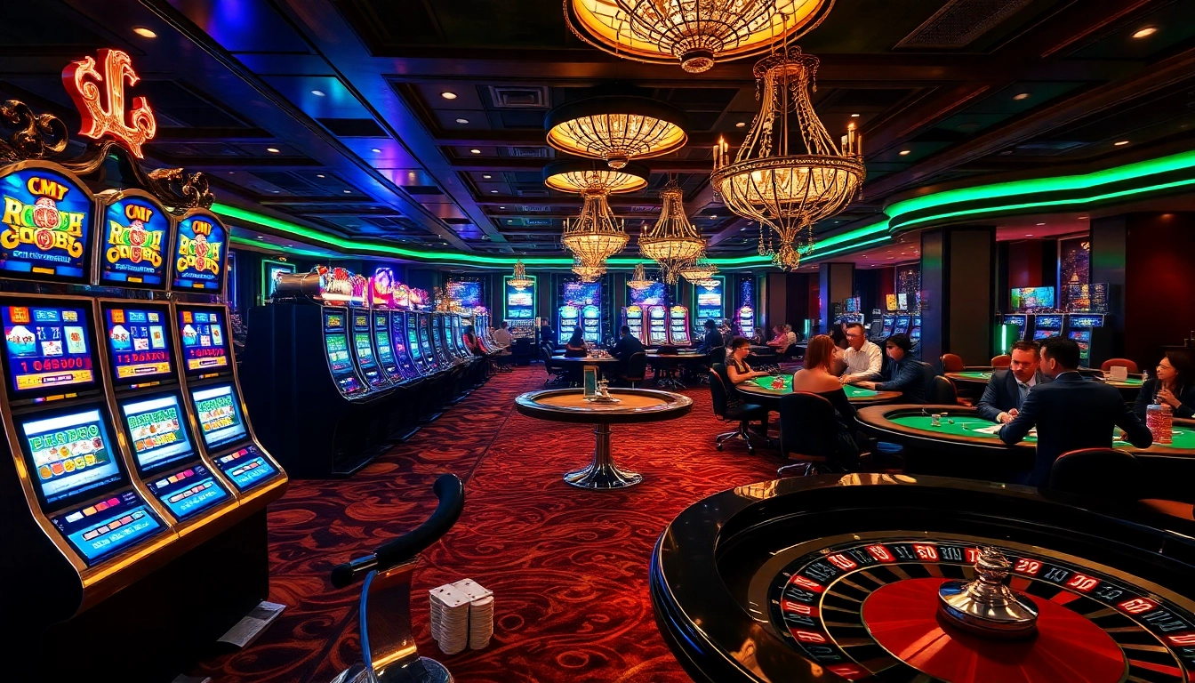 Experience the thrill of cm88 com with engaging gambling visuals showcasing poker tables and vibrant slot machines.