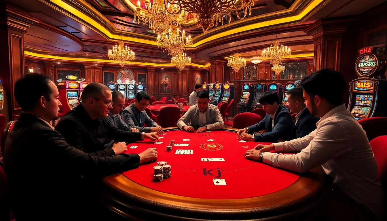 Exciting gaming action at a luxurious poker table representing tập đoàn kjc's gambling environment.