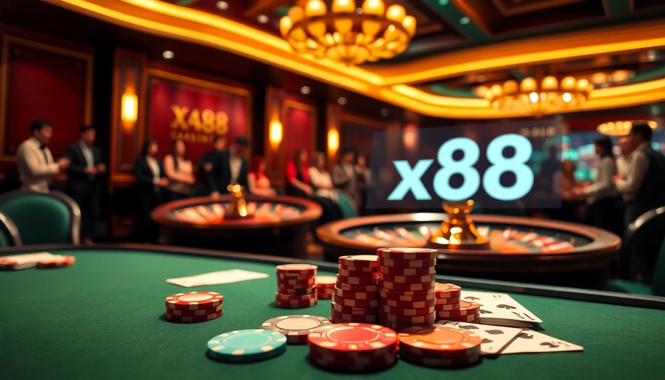 Engaged players placing bets at the glamorous xx88 poker table in an upscale casino.