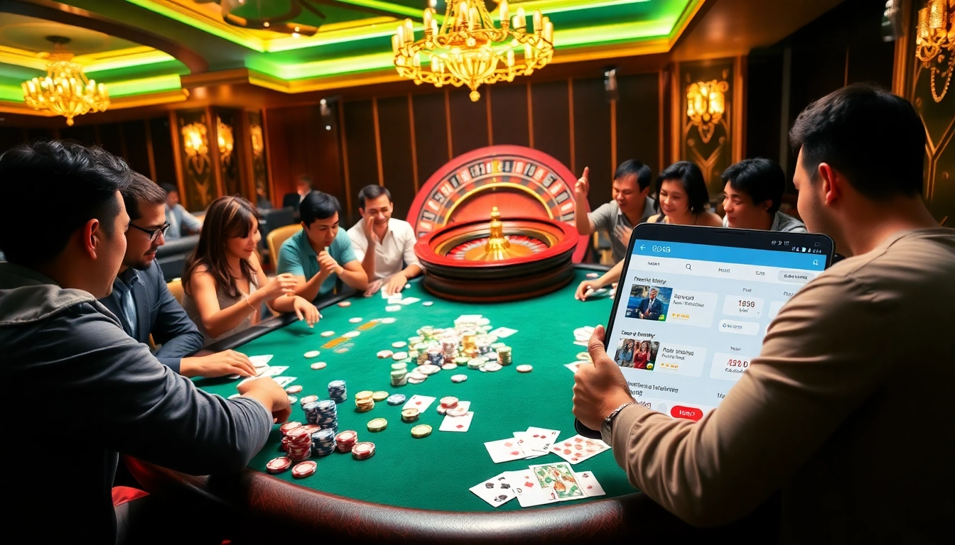 Players enjoying a thrilling poker game at GO88 casino, showcasing vibrant chips and cards.