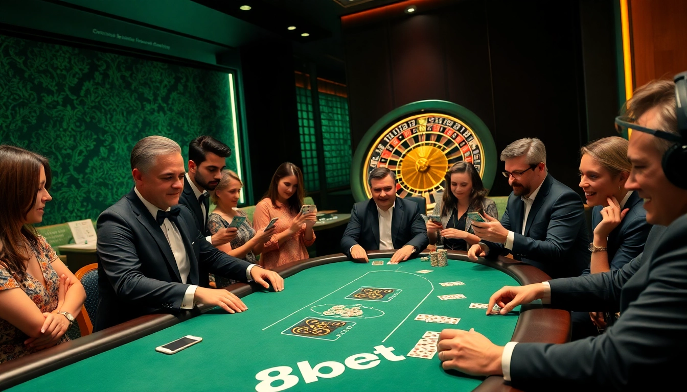 8kbet players engaged in a thrilling high-stakes poker game at a luxurious casino.