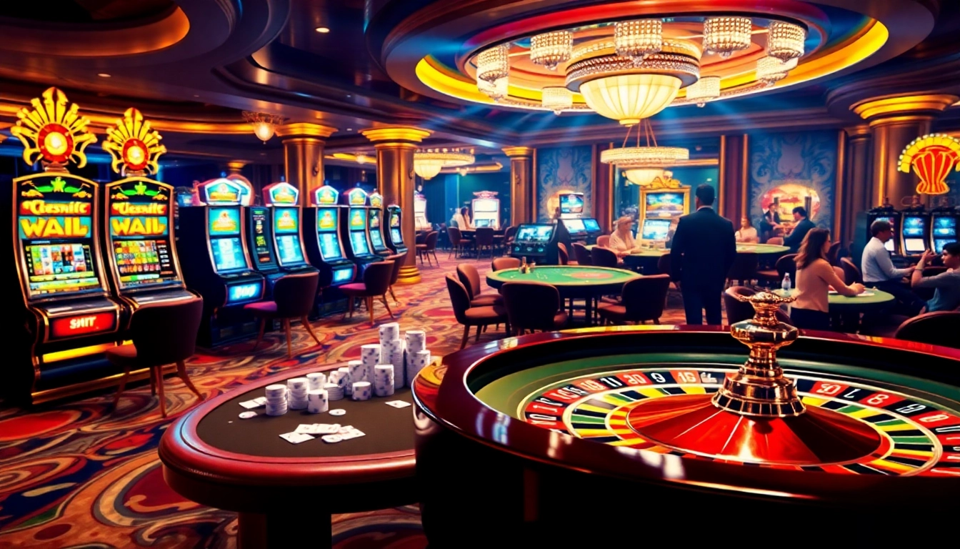 Cwin casino scene with vibrant slot machines, poker tables, and roulette wheel in action.