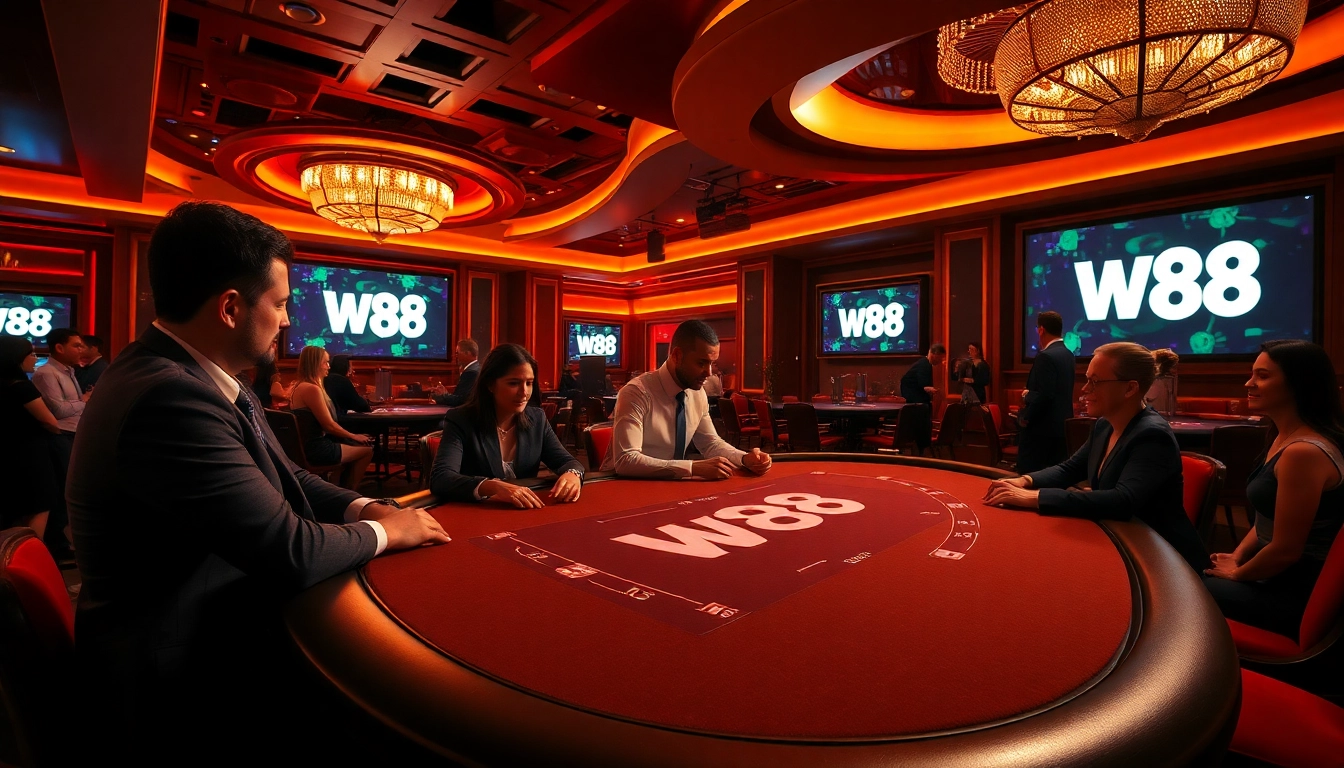 W88 players engaging in a thrilling poker game at a luxurious casino table.