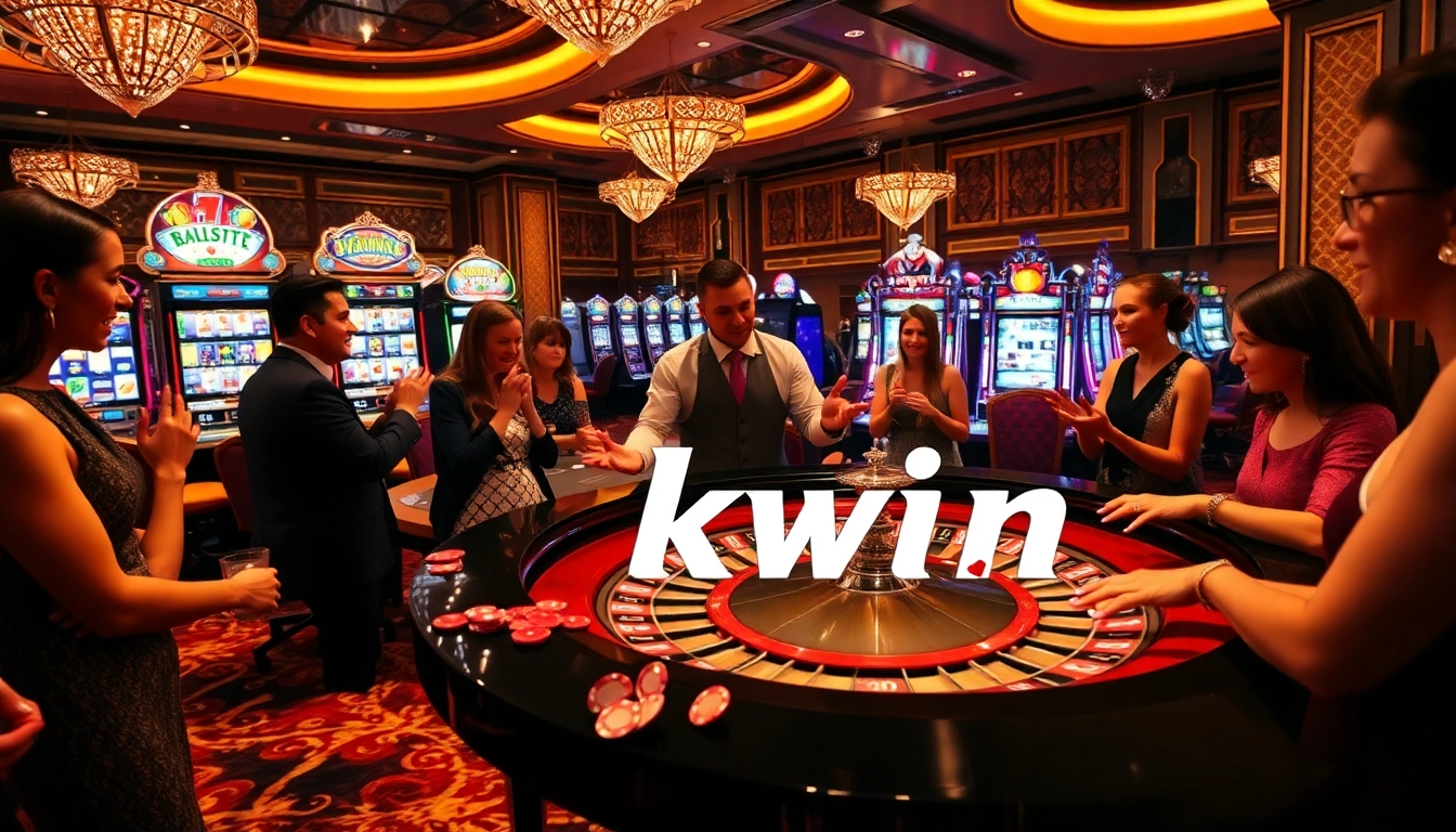 Kwin casino scene with players enjoying roulette and poker, showcasing excitement and luxury.
