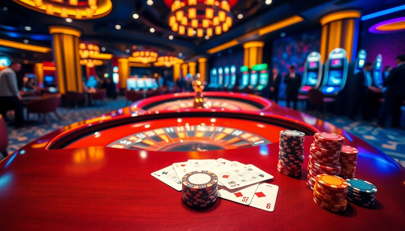 Gamblers enjoying an upscale casino experience at 8kbet with poker chips and a roulette wheel.