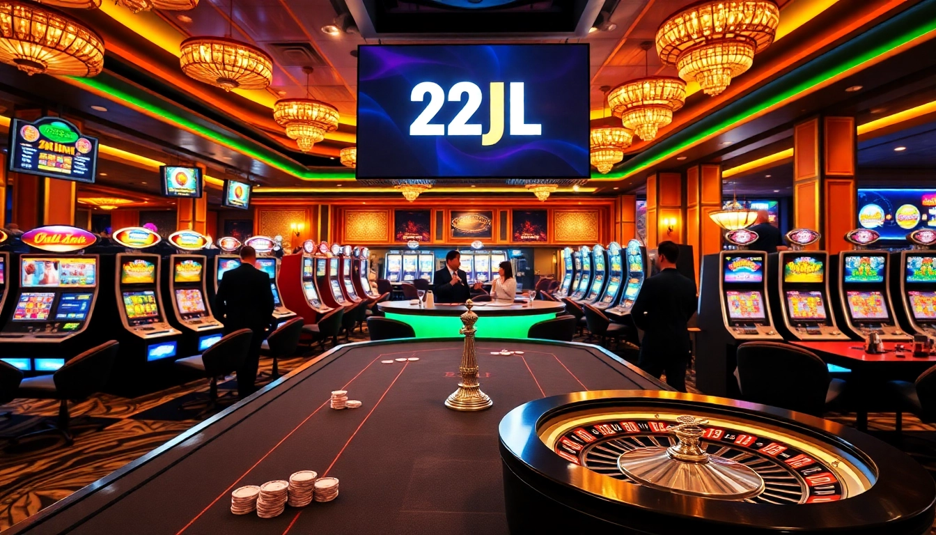 Experience the thrill of winning at 22JL, featuring luxurious casino tables and vibrant gaming elements.