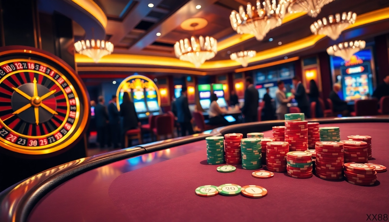 Experience a thrilling XX88 gaming atmosphere with vibrant casino tables and excited players.