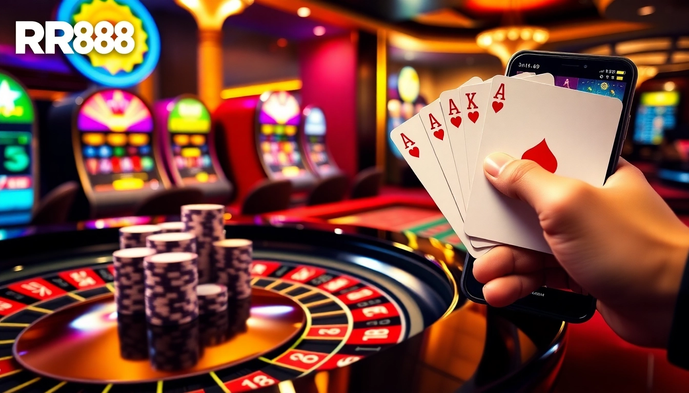 Experience RR88 excitement at a luxurious casino table with vibrant roulette and poker highlights.