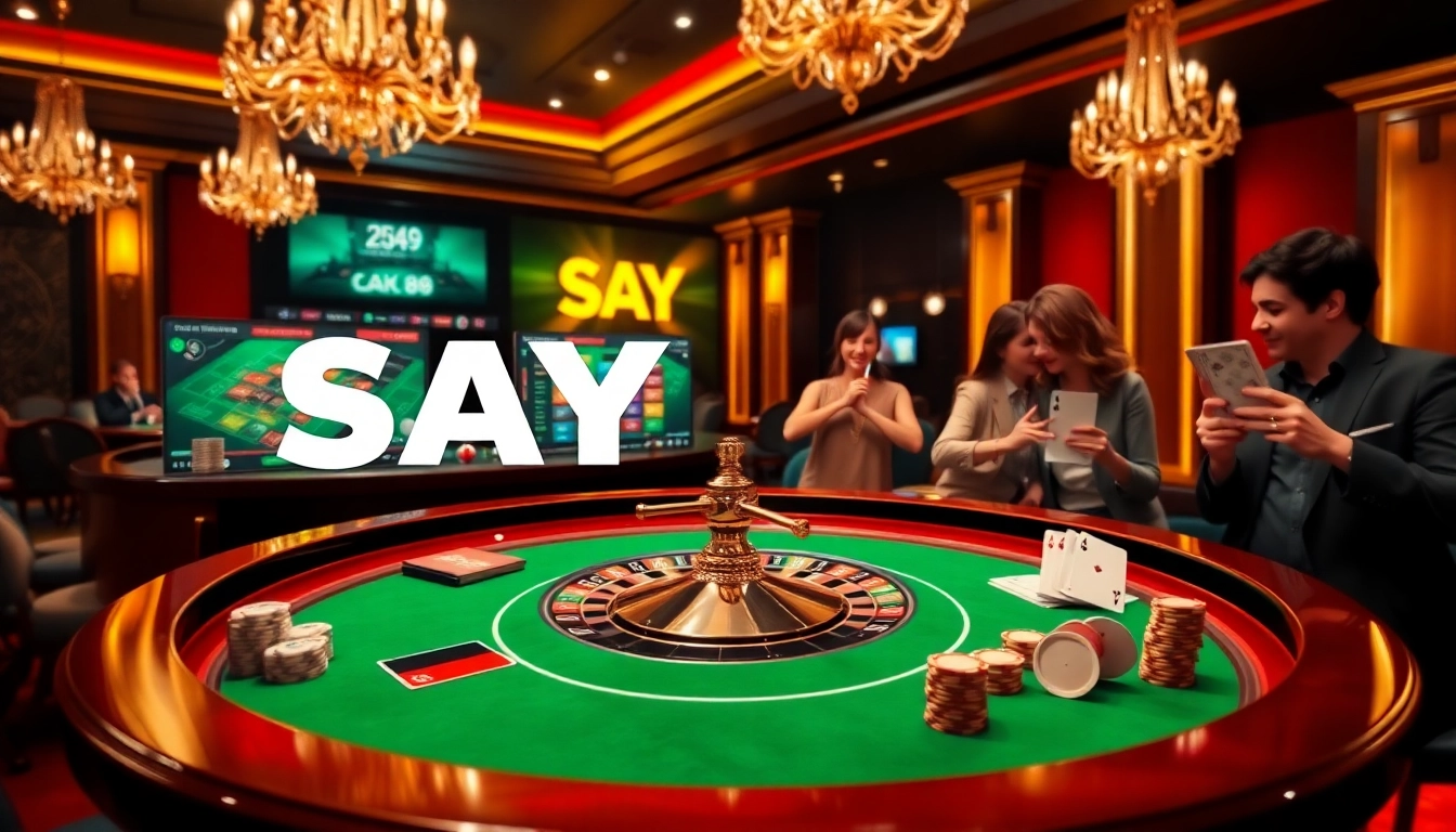 Experience thrilling gameplay at say88 com with an elegant casino scene featuring a roulette wheel and poker chips.