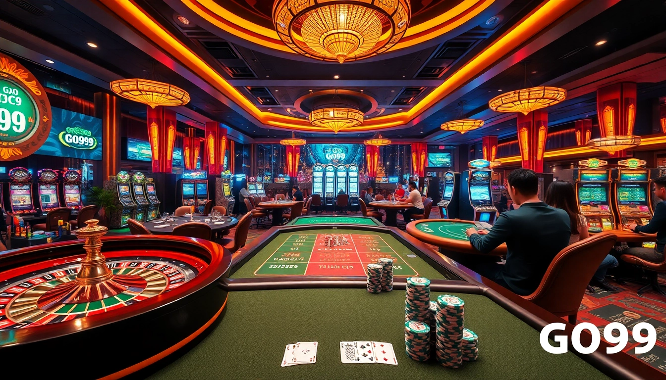 Experience the excitement of Go99 at a luxurious casino with vibrant tables and gaming excitement.