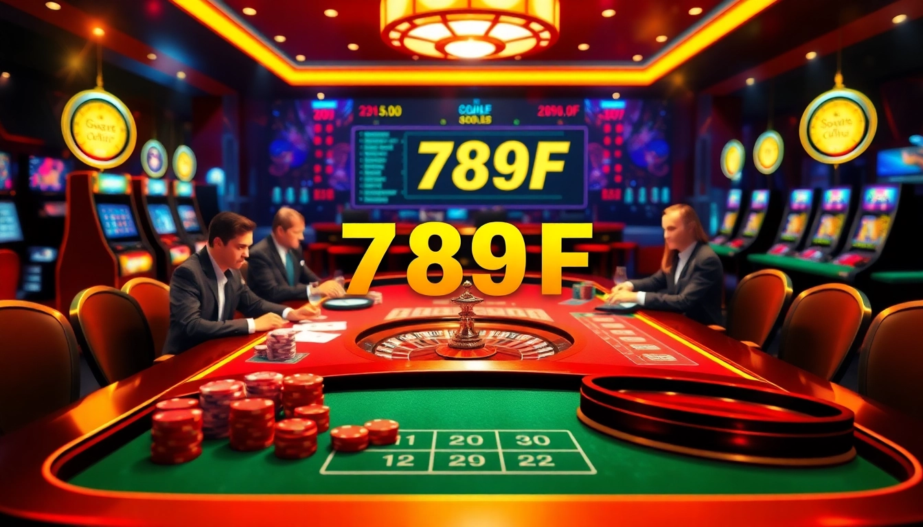 Experience the thrill of 789F with a vibrant online casino scene featuring poker chips and roulette wheels.