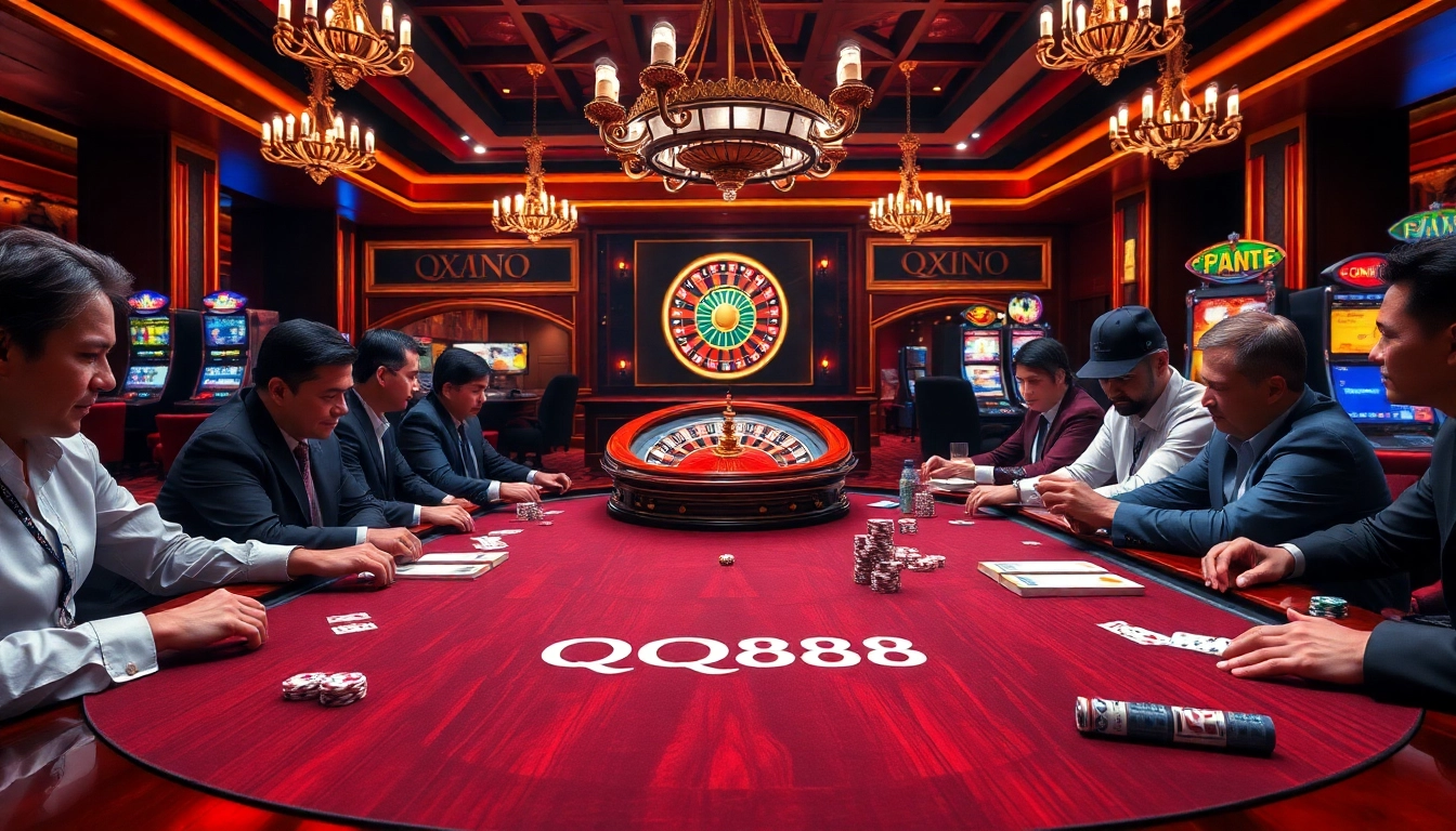 High-stakes poker action at QQ88 casino table with vibrant chips and cards.