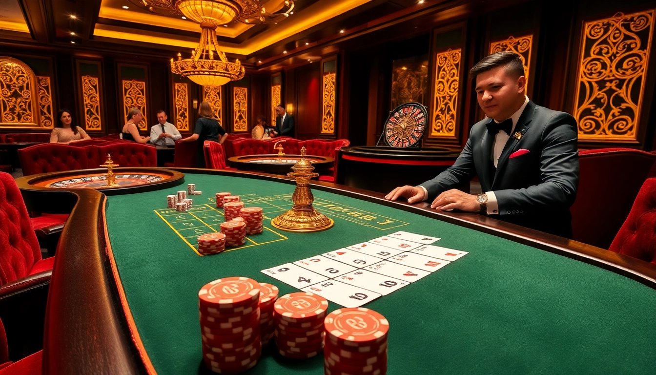RIKBET gaming table with poker chips and cards in a luxurious casino atmosphere.