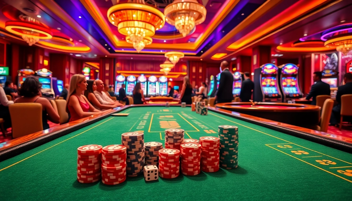 Players enjoying the thrilling gaming experience at 999E casino with vibrant tables and machines.