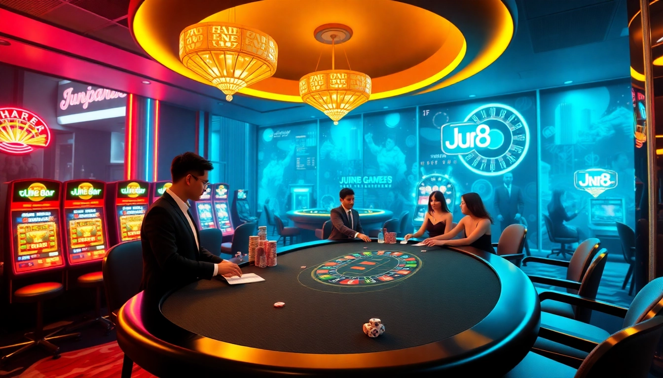 Exciting gaming scene at https://jun88.now/ featuring professional dealers and vibrant casino elements.