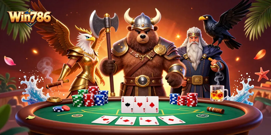 Win786 showcases a Viking bear and Valkyrie in a poker scene filled with vibrant casino elements.