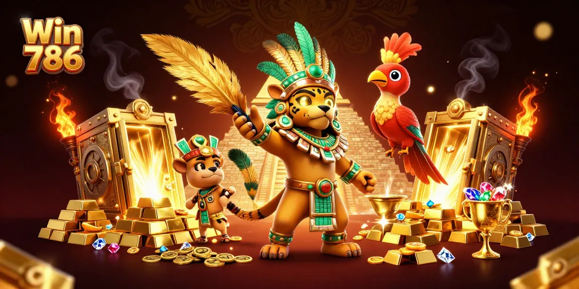 Experience the thrill of gaming at Win 786 with vibrant casino elements and dazzling treasures
