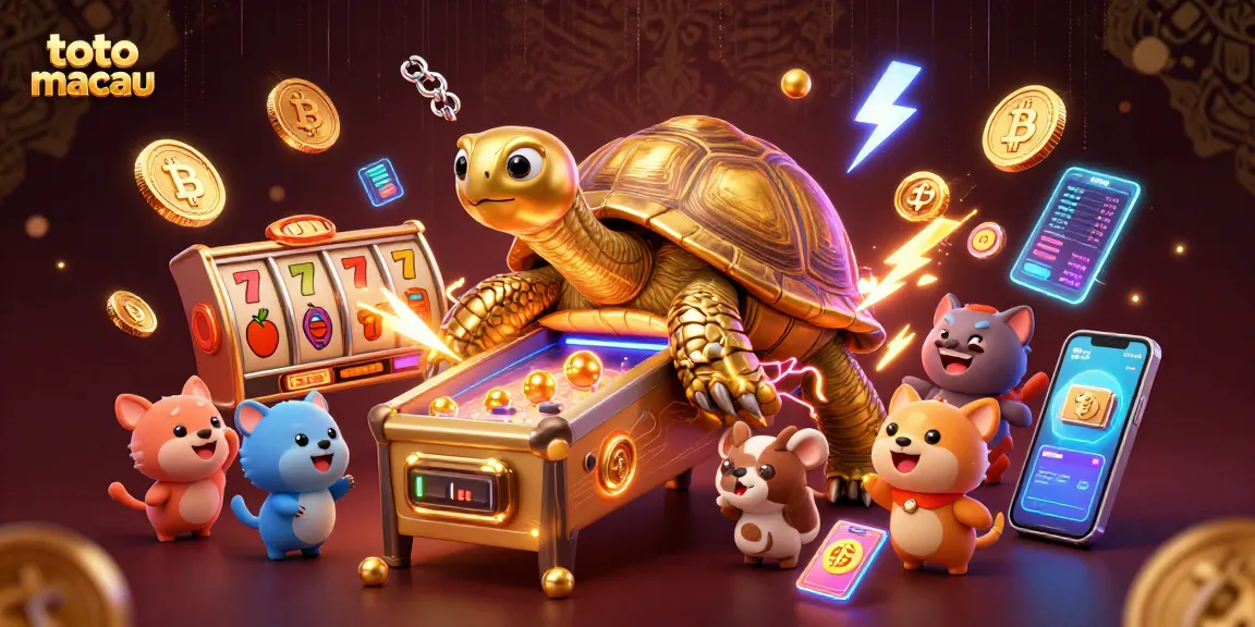 Engage with toto macau's exciting slot experience featuring a dynamic illustration of a pinball tortoise and vibrant game elements.