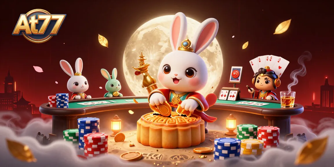 Join the fun at At77 with moon rabbits revealing poker treasures in this casino-themed illustration.