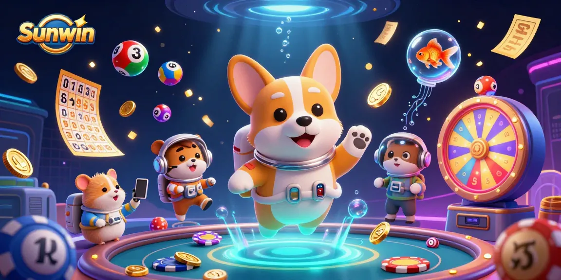 Sunwin offers thrilling gameplay with a lively 3D casino scene featuring colorful lottery balls and playful characters.