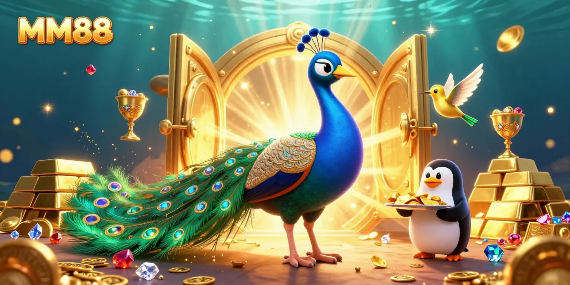 Engage in MM88 casino with a vibrant 3D illustration showcasing golden treasures and playful characters.